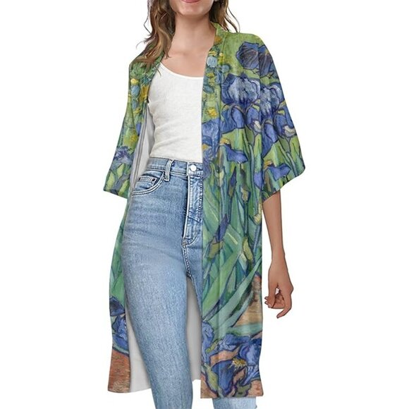JC Sunny Van Gogh Iris Print Kimono Open Front Cardigan OS Blue-Green Floral Art - Picture 1 of 7